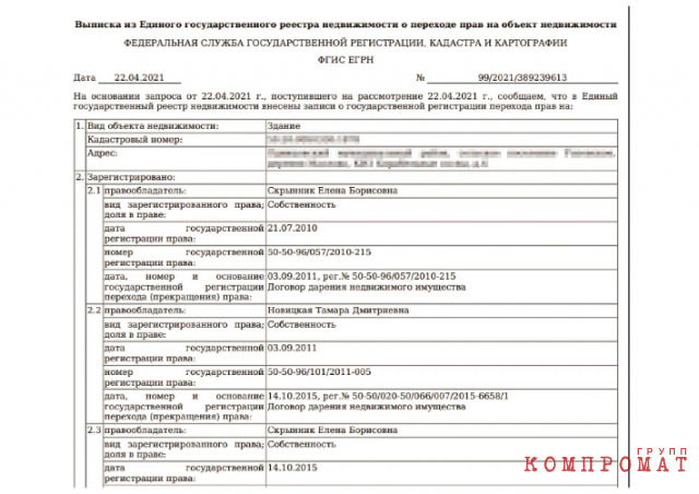 Домовладение в коттеджном поселке с 2011 года принадлежало матери Елены Скрынник, но в октябре 2015-го Елена Борисовна переоформила поместье на себя. Выписка из Единого государственного реестра недвижимости