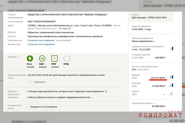 Доходы агентства "Ивлеева продакшн" за 2021–2022 годы составили свыше 250 млн рублей. Примерно столько же ей, вероятно, принесло ИП.