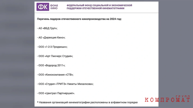 В список лидеров в итоге впервые вошло только восемь кинокомпаний. Среди них "Арт пикчерс студия" Фёдора Бондарчука и студия "ТриТэ" Никиты Михалкова